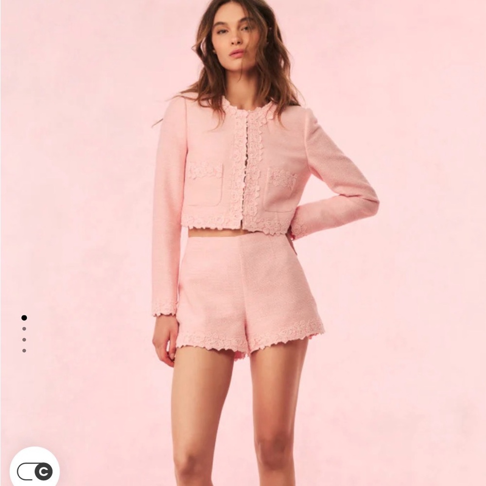 LoveShackFancy Tweed Lace-Trimmed Shorts Strawberry Spritz, Size 12